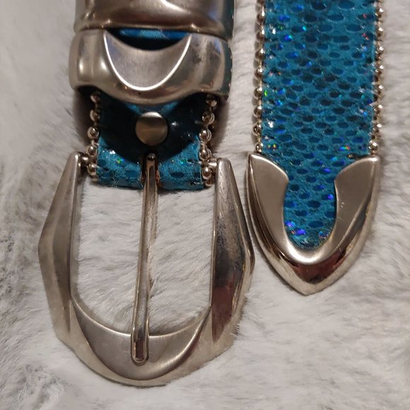 Belts by SImon metallic teal leather belt with silver hardware large - Picture 5 of 16